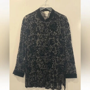 Yi Lin Black Burnout Velvet‎ Brocade Asian Tunic Top Vintage Womens Size Large